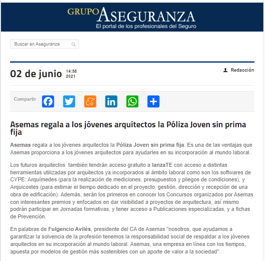 Asemas regala a los jóvenes arquitectos la Póliza Joven sin prima fija