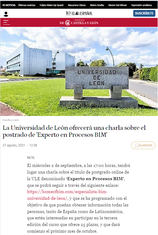 La Universidad de León ofrecerá una charla sobre el postrado de 'Experto en Procesos BIM'