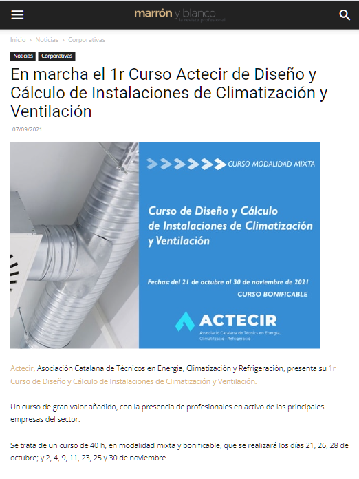 En marcha el 1r Curso Actecir de Diseño y Cálculo de Instalaciones de Climatización y Ventilación