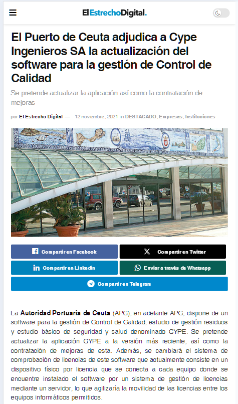 El Puerto de Ceuta adjudica a Cype Ingenieros SA la actualización del software para la gestión de Control de Calidad