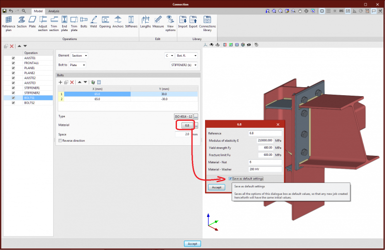 Save default options for plate, bolt and electrode materials - CYPE