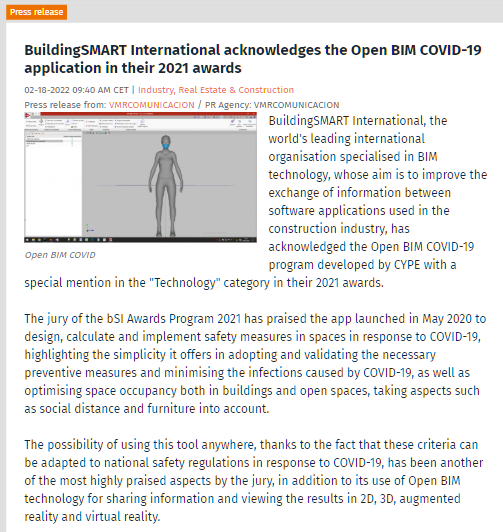 BuildingSMART International acknowledges the Open BIM COVID-19 application in their 2021 awards
