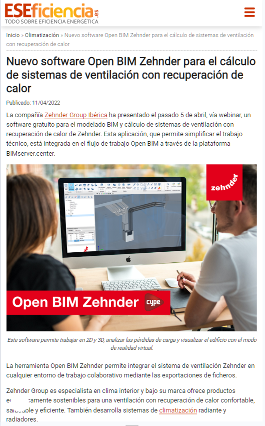 Nuevo software Open BIM Zehnder para el cálculo de sistemas de ventilación con recuperación de calor