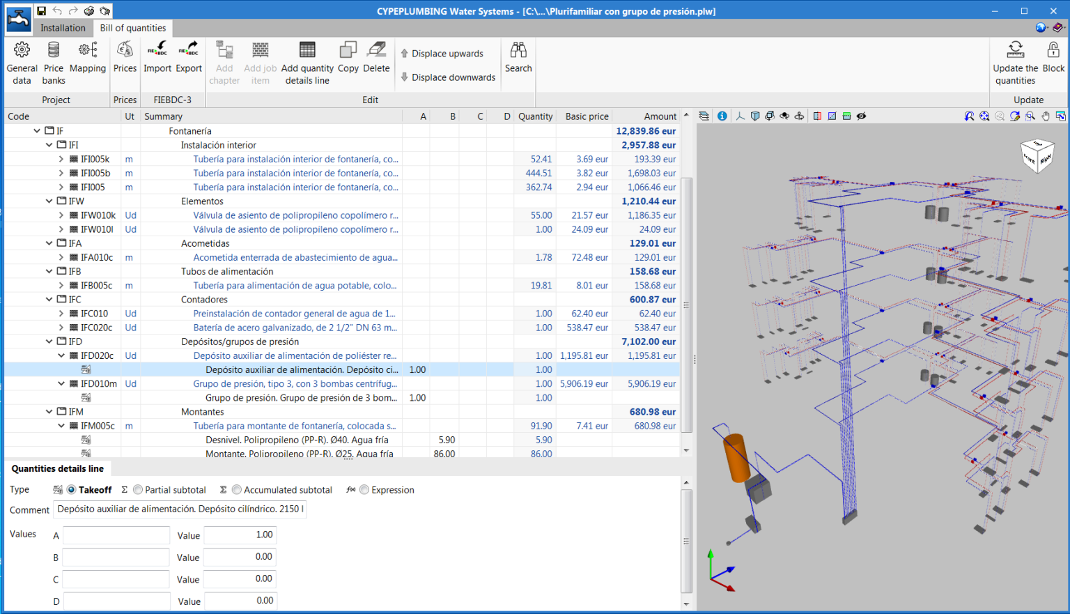 "Bill of quantities" tab in project phase Open BIM applications - CYPE