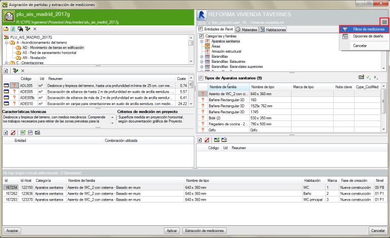 Quantities extraction of IFC files linked to a Revit project - CYPE