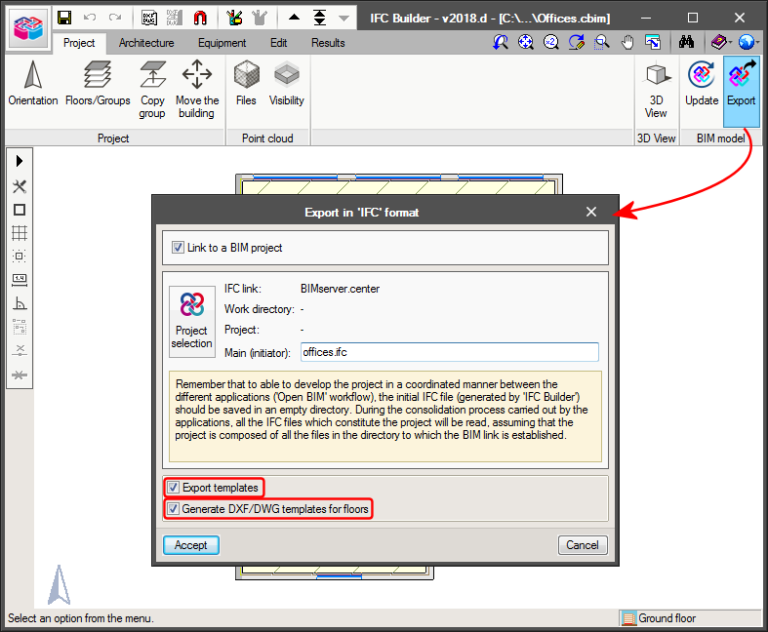 Export DXF and DWG templates to the IFC model of the building - CYPE
