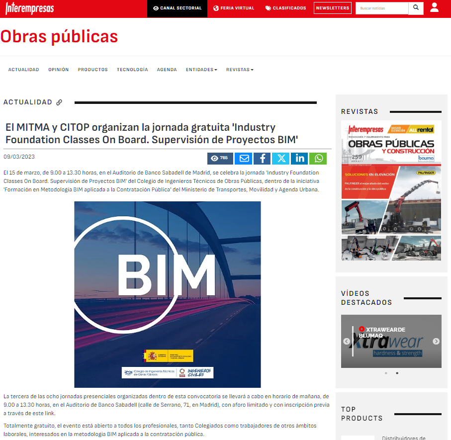 El MITMA y CITOP organizan la jornada gratuita 'Industry Foundation Classes On Board. Supervisión de Proyectos BIM'