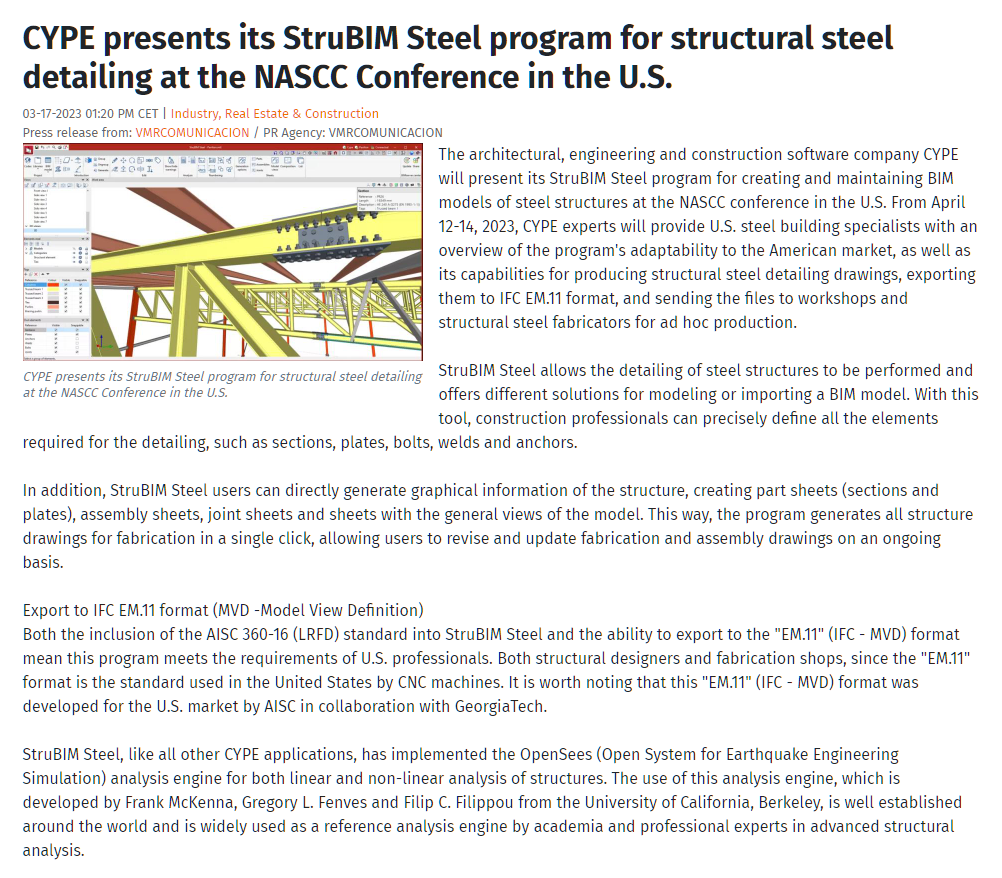The architectural, engineering and construction software company CYPE will present its StruBIM Steel program for creating and maintaining BIM models of steel structures at the NASCC conference in the U.S.