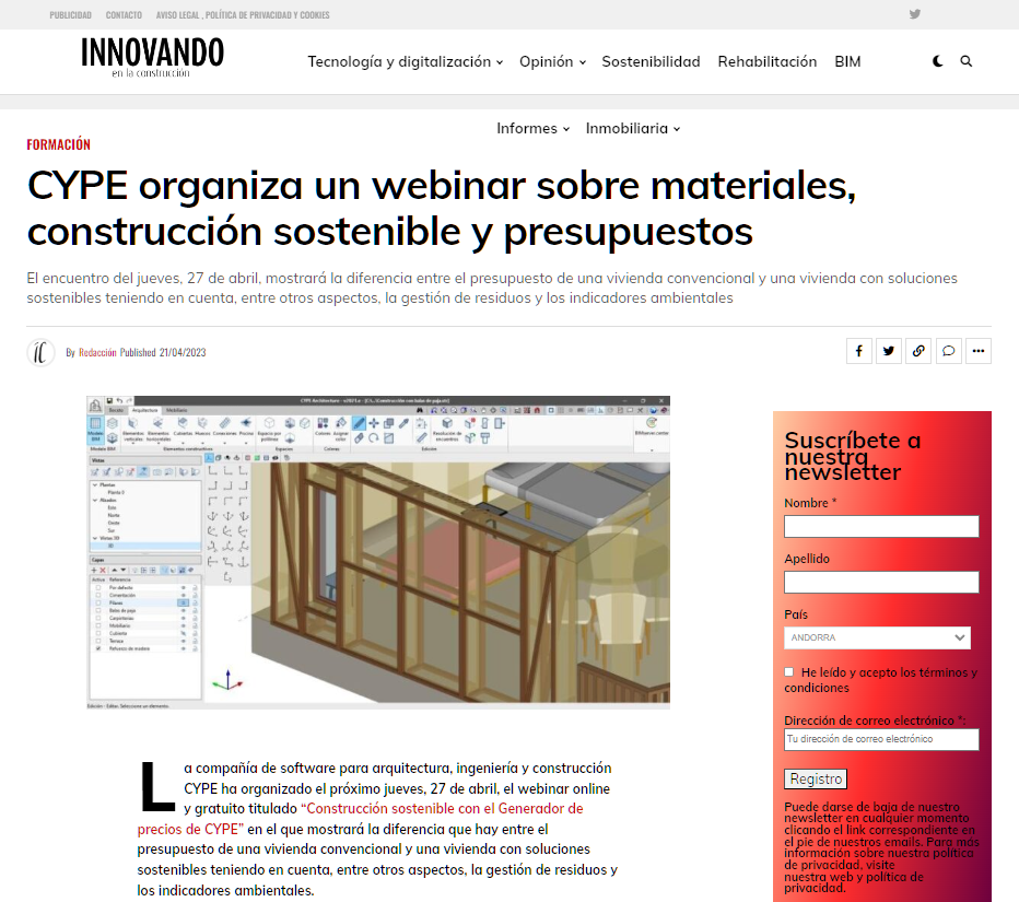 CYPE organiza un webinar sobre materiales, construcción sostenible y presupuestos