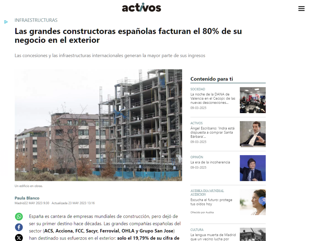 Las grandes constructoras españolas facturan el 80% de su negocio en el exterior