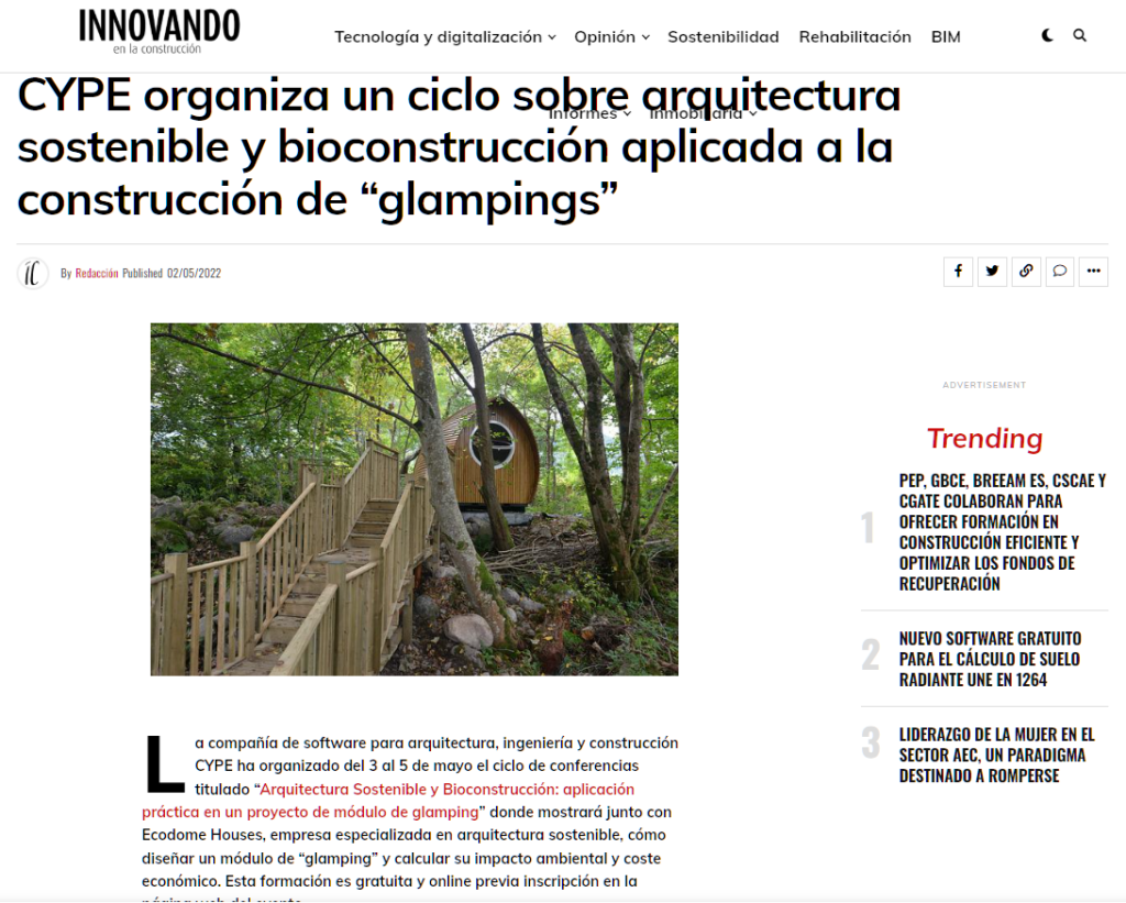 CYPE organiza un ciclo sobre arquitectura sostenible y bioconstrucción aplicada a la construcción de “glampings”