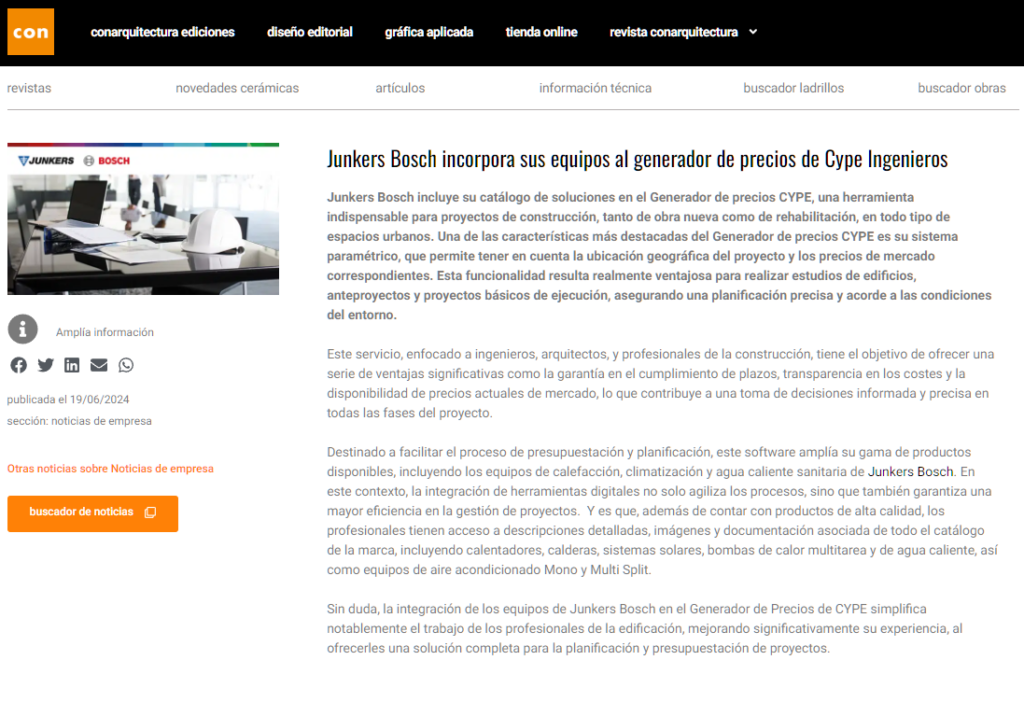 Junkers Bosch incorpora sus equipos al generador de precios de CYPE Ingenieros