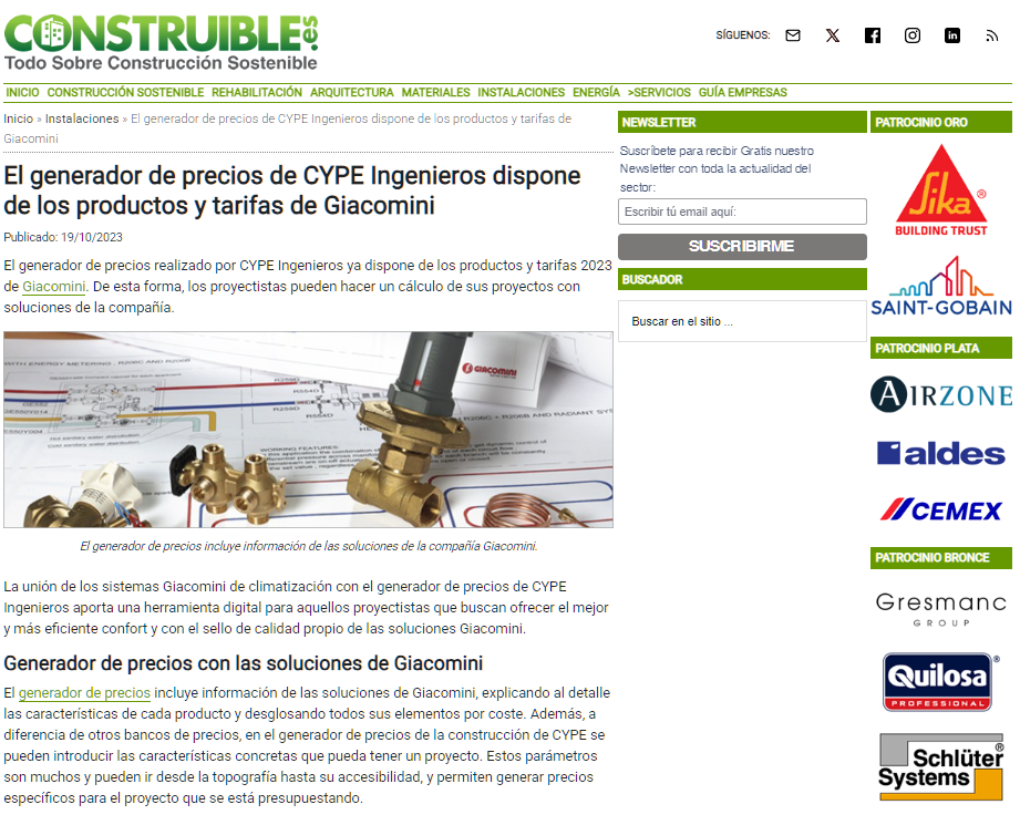 El generador de precios de CYPE Ingenieros dispone de los productos y tarifas de Giacomini