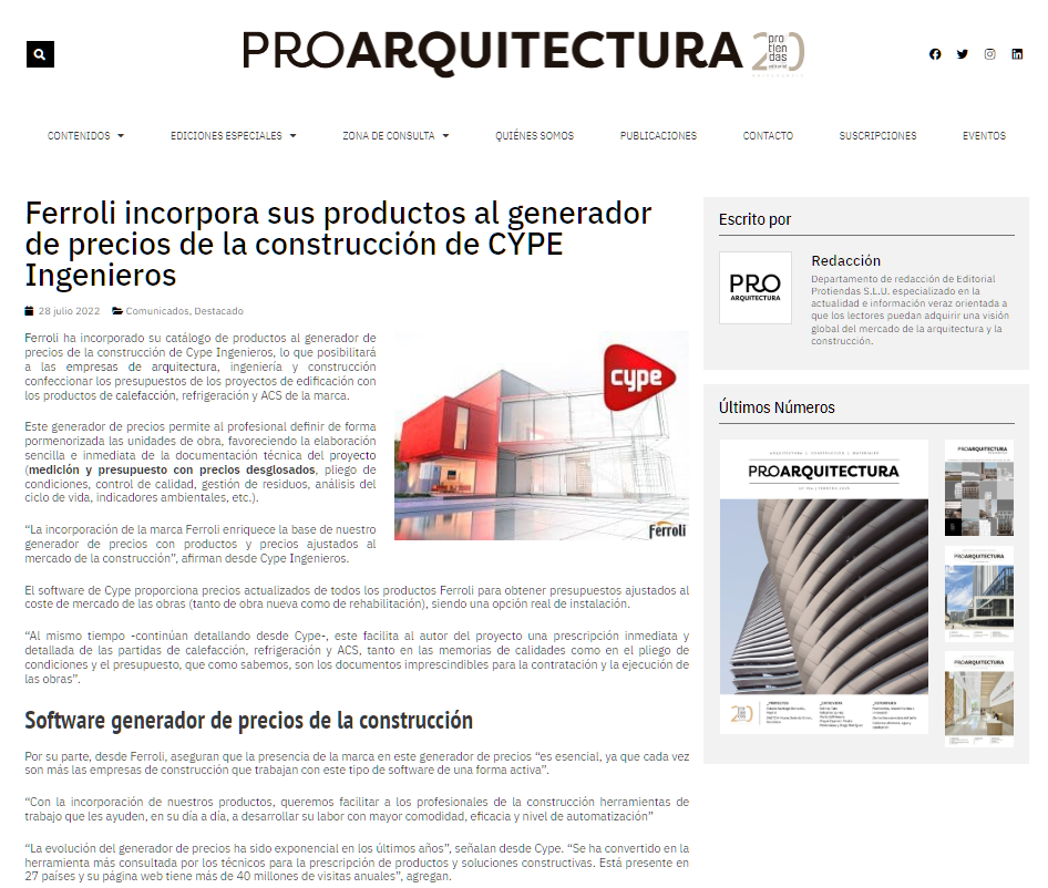 Ferroli incorpora sus productos al generador de precios de la construcción de CYPE Ingenieros