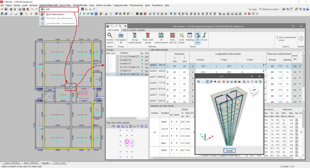 CYPECAD - Accessing the column editor - CYPE