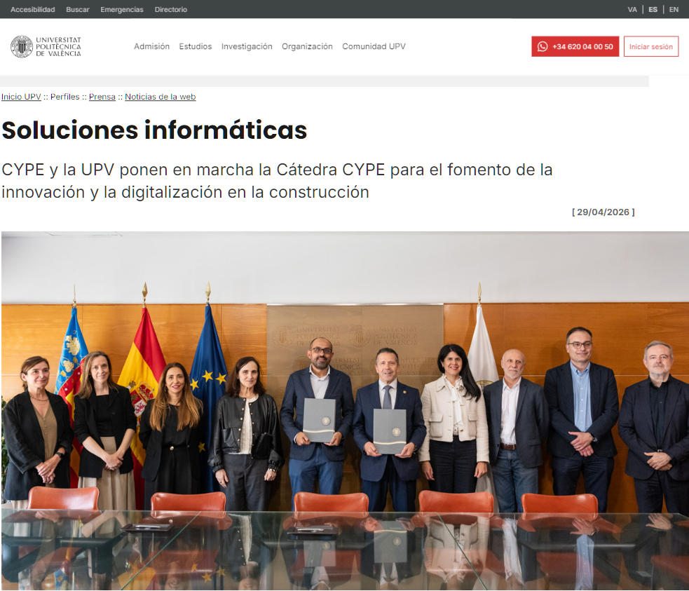 CYPE y la UPV ponen en marcha la Cátedra CYPE